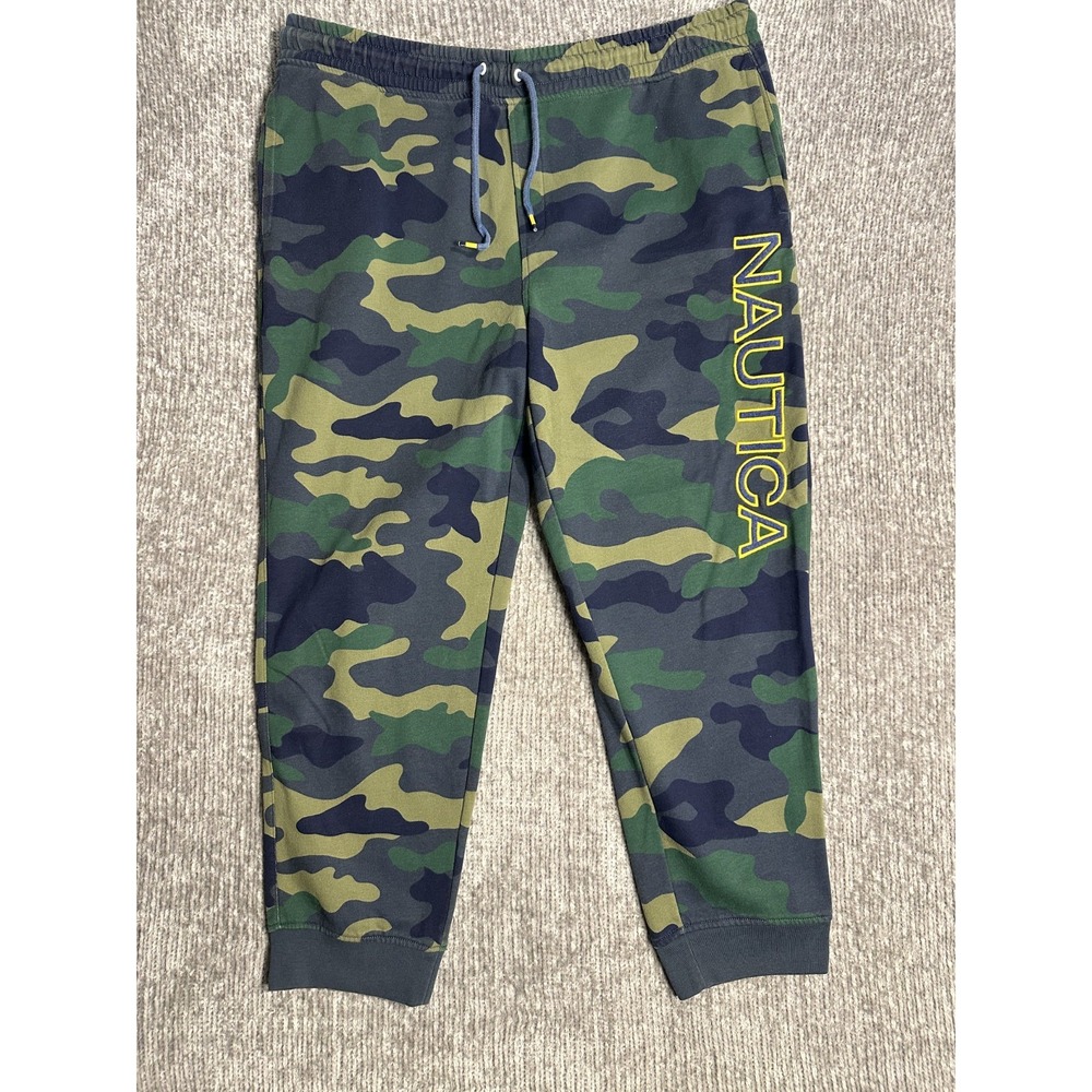 Nautica Sweatpants Mens 2XL Green Camo Logo Fleece Joggers Z84592